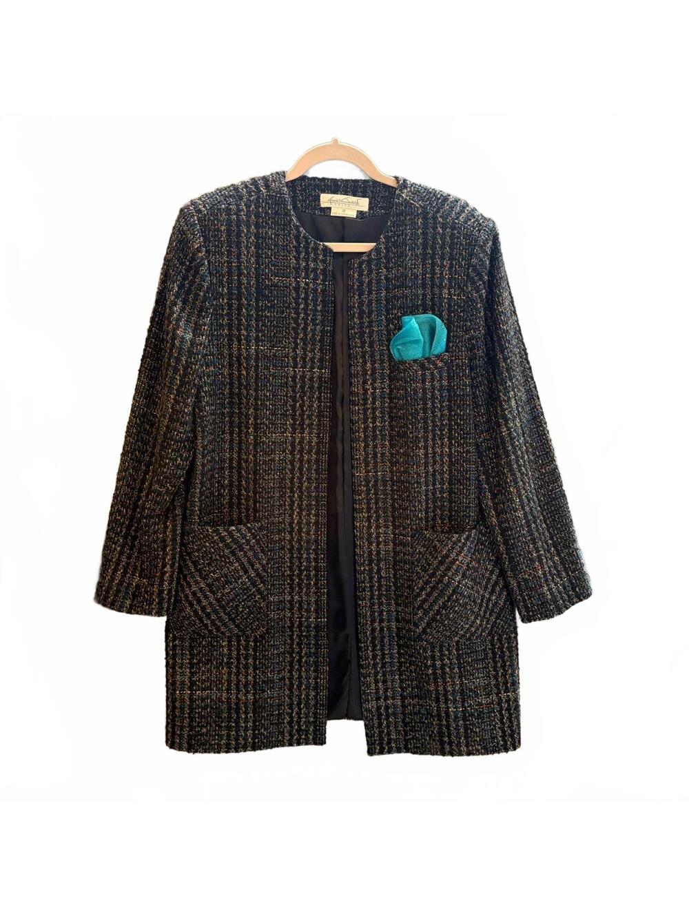Gloria Vanderbilt Women's Tweed Long Blazer Jacket Size 12 Navy Blue